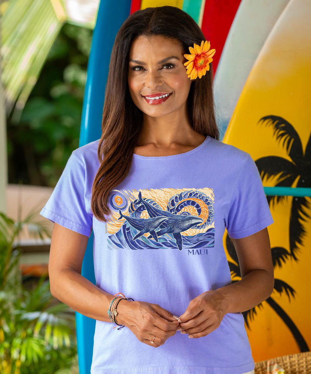 Whimsical Whales - Lavender Dyed Short Sleeve Scoop Neck T-Shirt