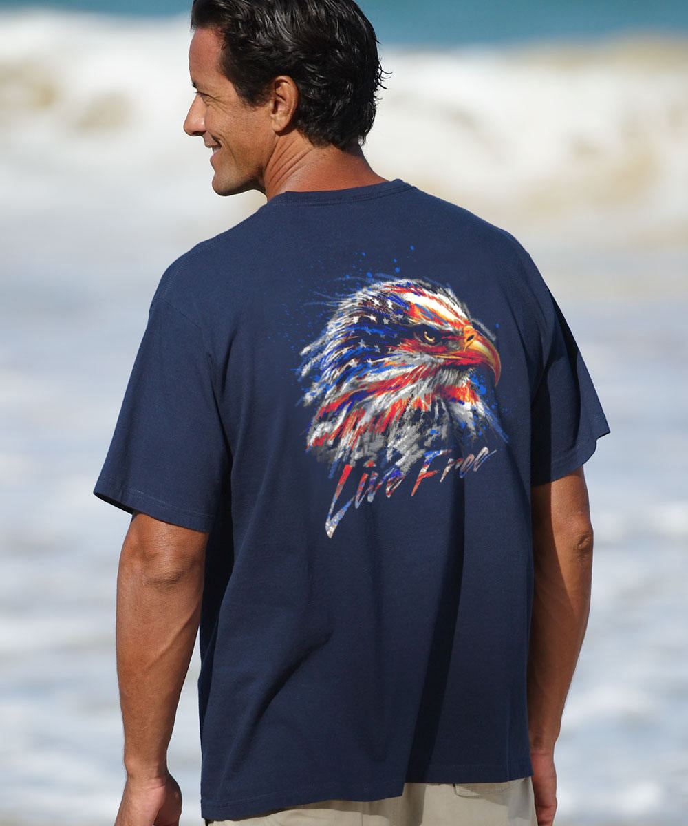 A navy-colored short sleeve crewneck t-shirt with a graphic of an eagle on the back, featuring the text 'Live Free'. View 2
