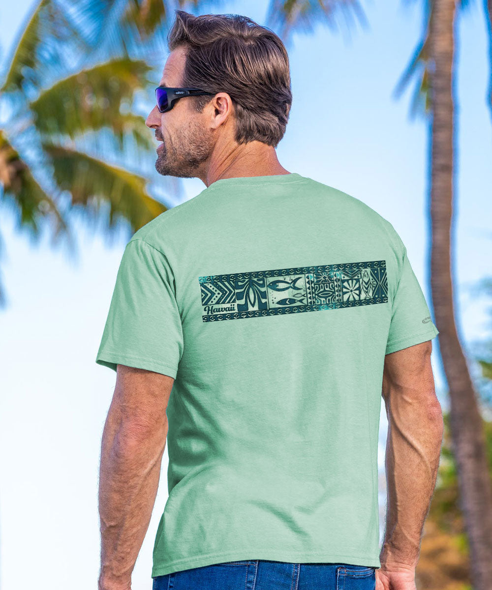 Man facing away from camera wearing a Green t-shirt with a blue graphic on the back. View 3