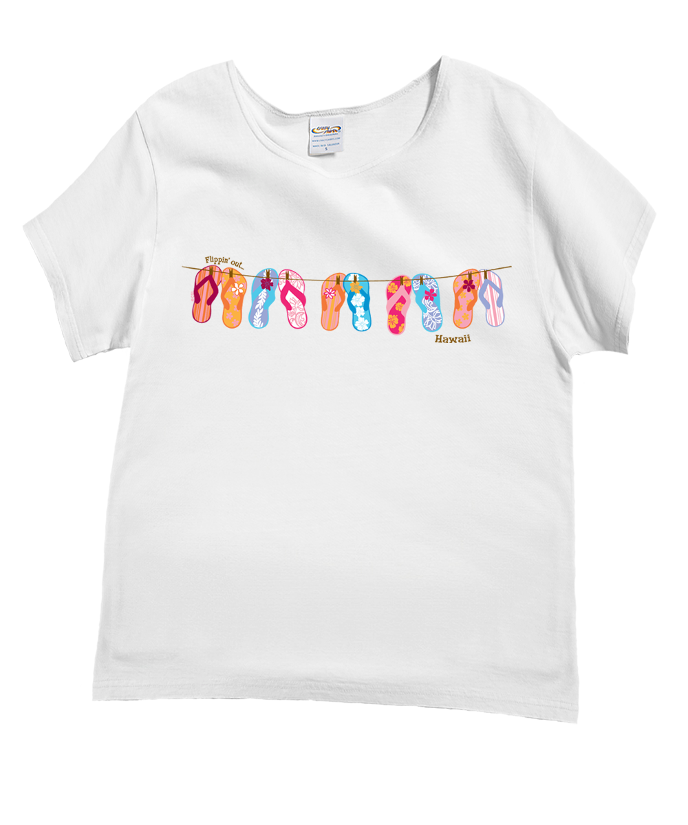 White t-shirt with colorful flip-flop design on a white background View 1