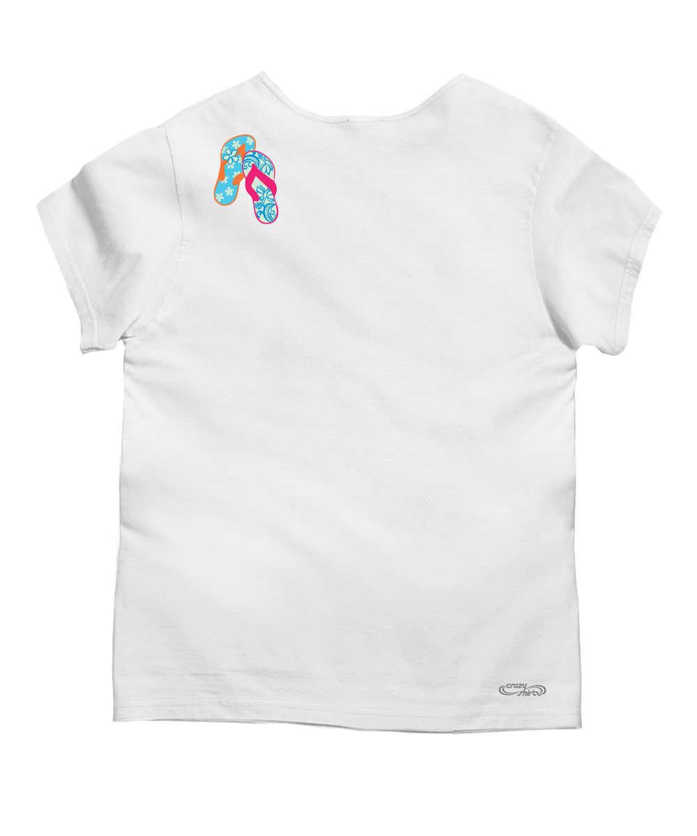 White t-shirt with colorful flip-flop design on a white background View 4
