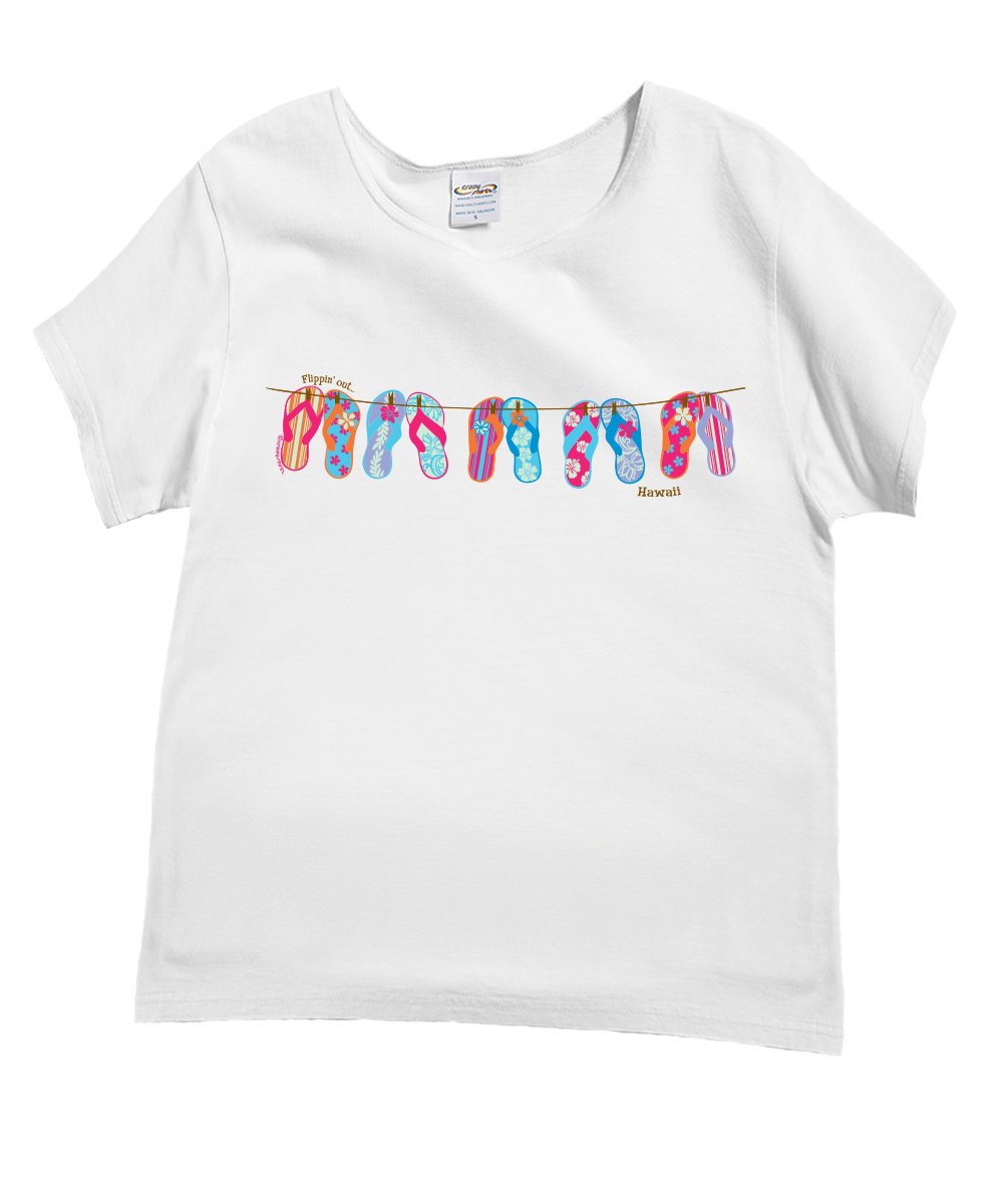 white t-shirt with a pair of flip-flops on a white background. View 1