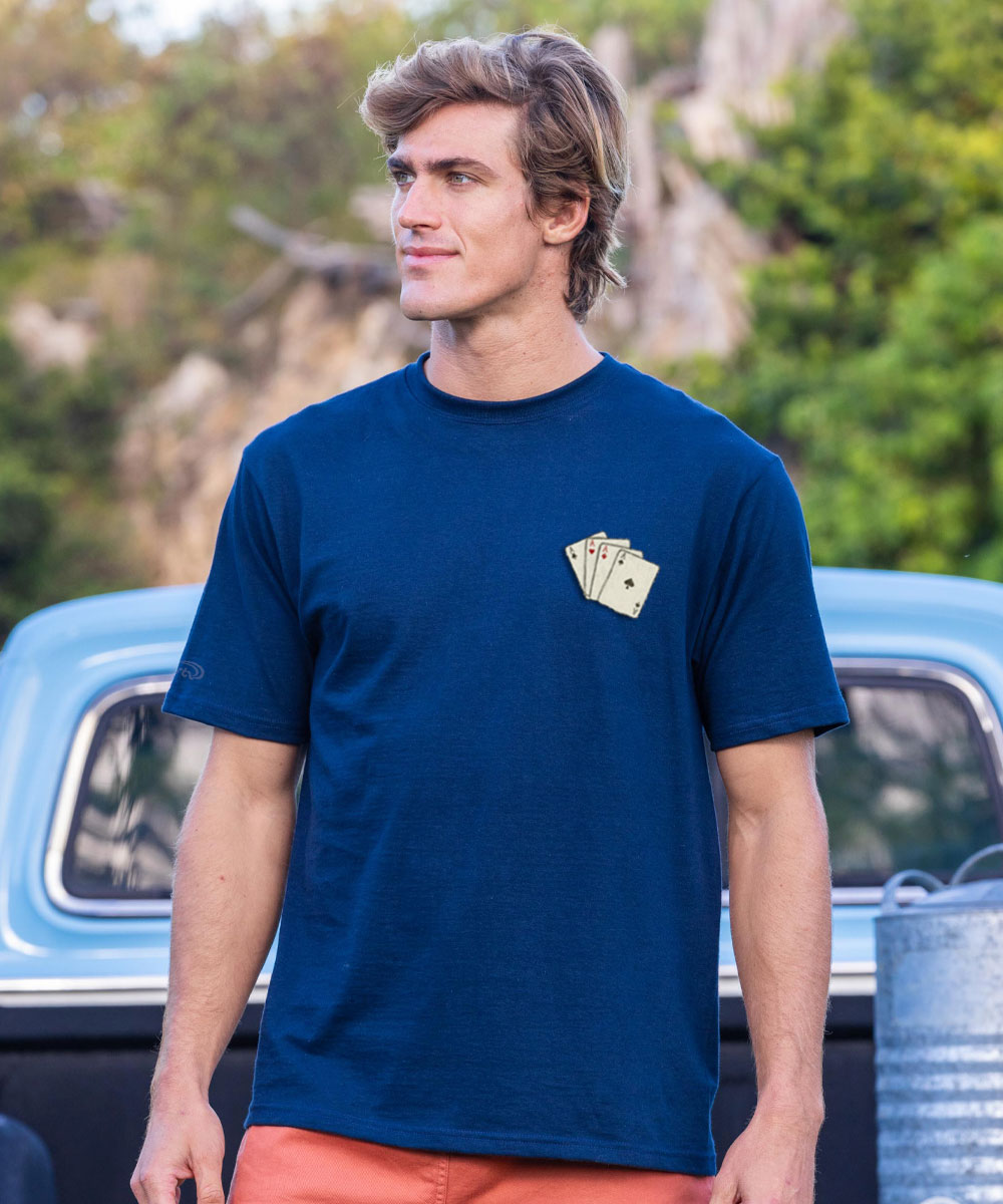 Man wearing a blue t-shirt with a graphic design outdoors View 2