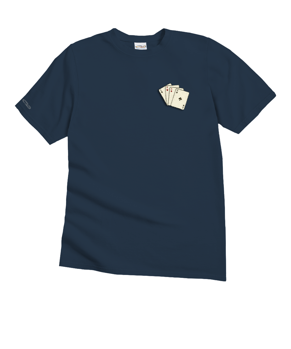 Navy blue t-shirt with a small white graphic on a white background View 4