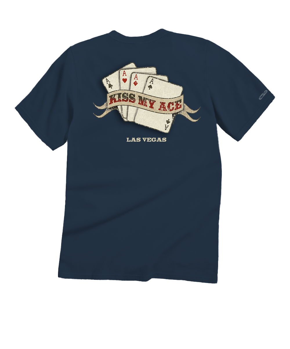 Navy blue t-shirt with 'Kiss My Ace' Las Vegas design on the back View 1