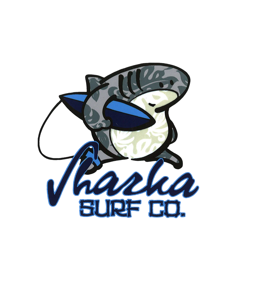 Shark logo with camouflage pattern and blue accents, featuring the text 'Naraka Surf Co.'