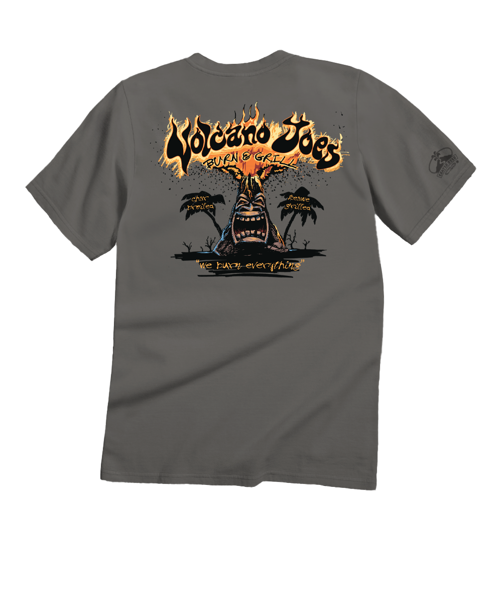 Gray t-shirt with a graphic design featuring flames and text on a white background View 1