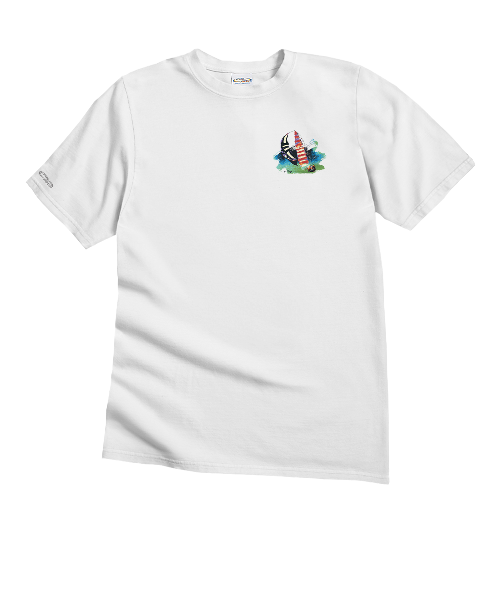 White t-shirt with a small colorful graphic on a white background View 4