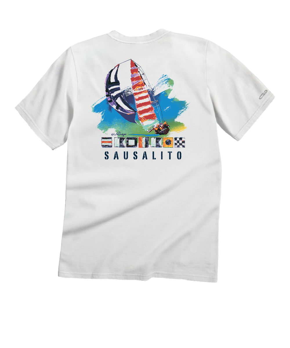 White t-shirt with a colorful graphic design on a white background View 1