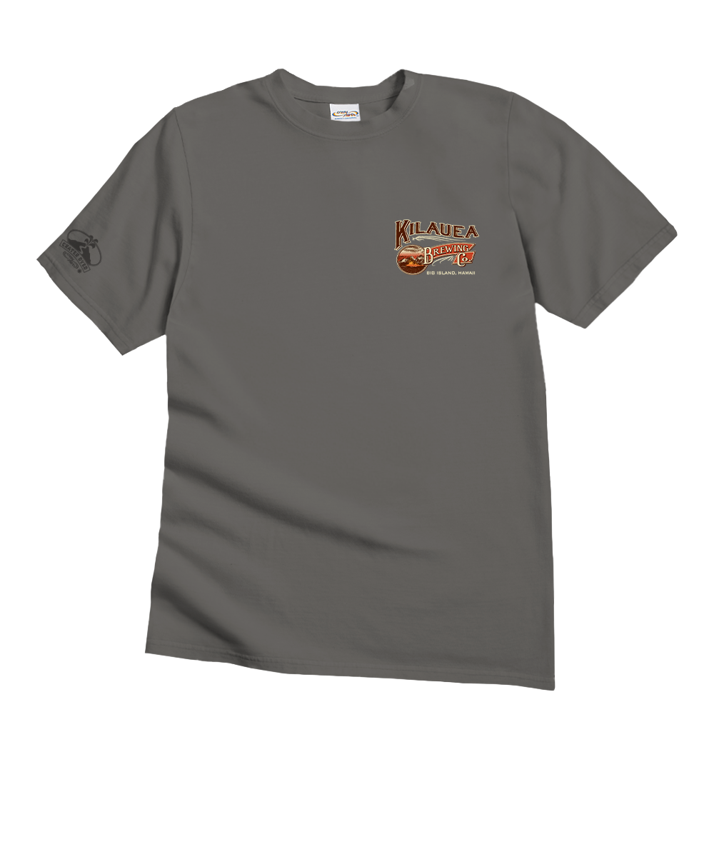 Gray t-shirt with a logo on the chest against a white background View 4