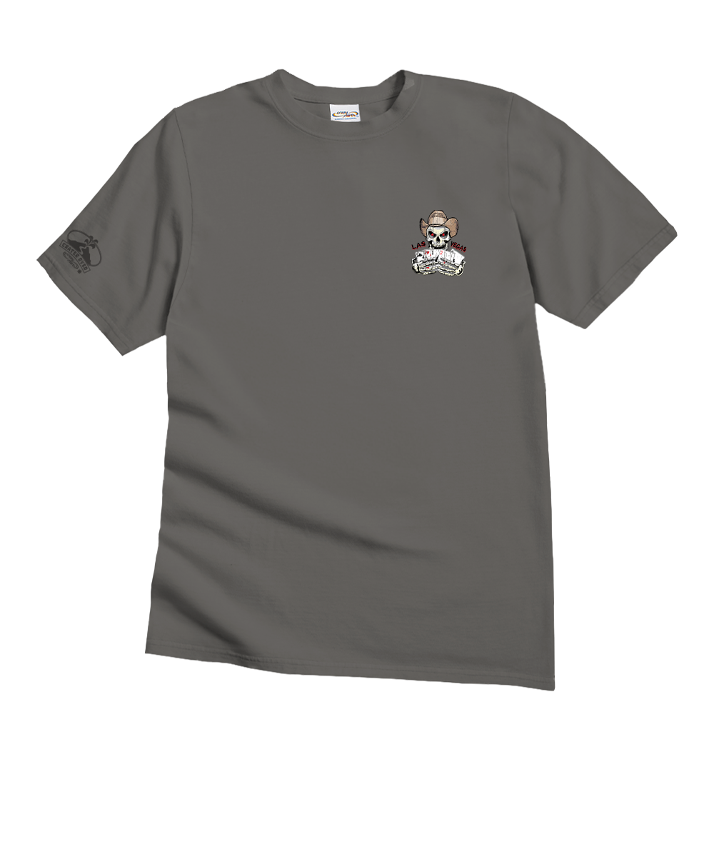 Gray t-shirt with a skull and crossbones design on a white background View 4