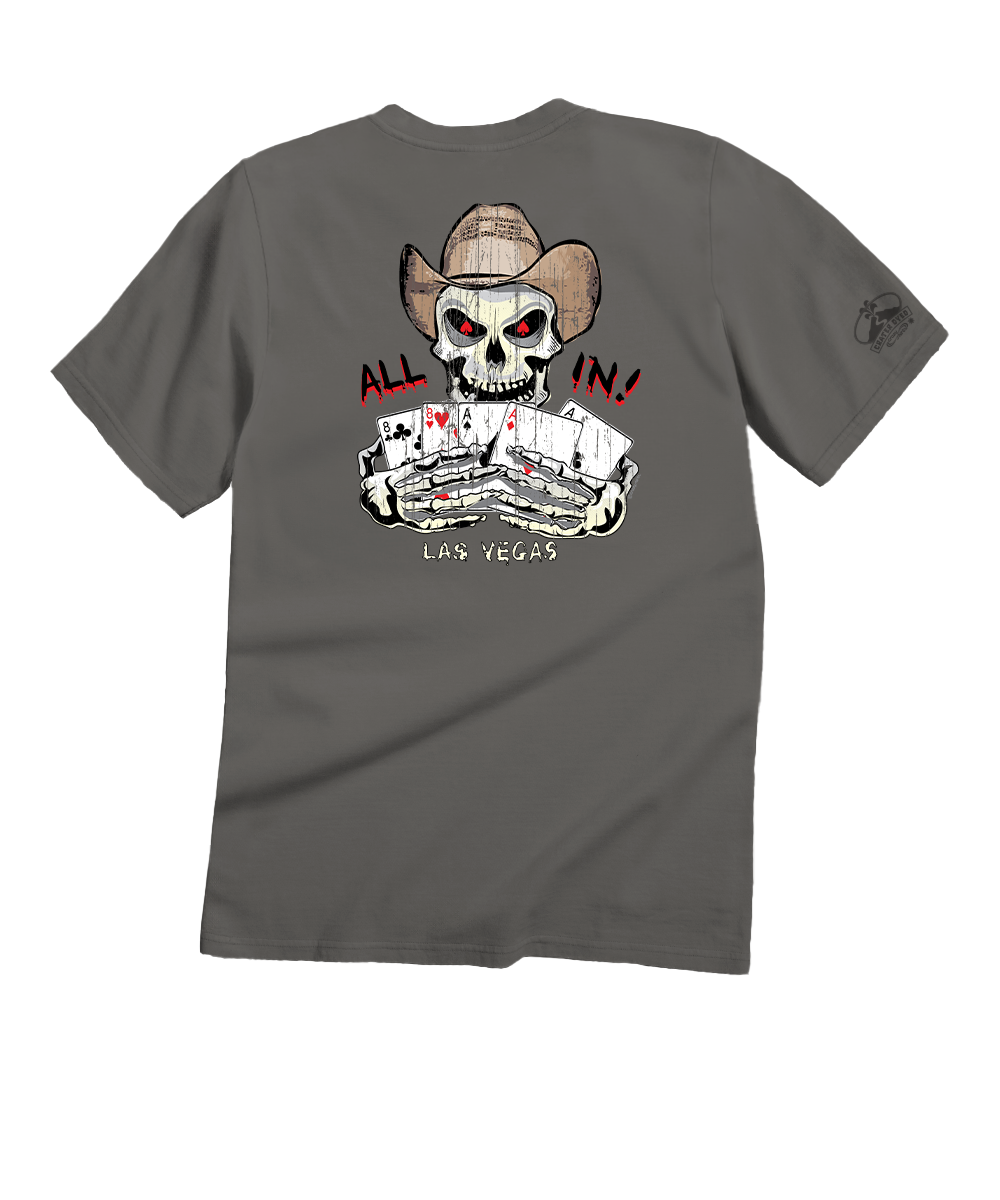 Gray t-shirt with a skull wearing a cowboy hat and playing cards design on the back, on a white background. View 1