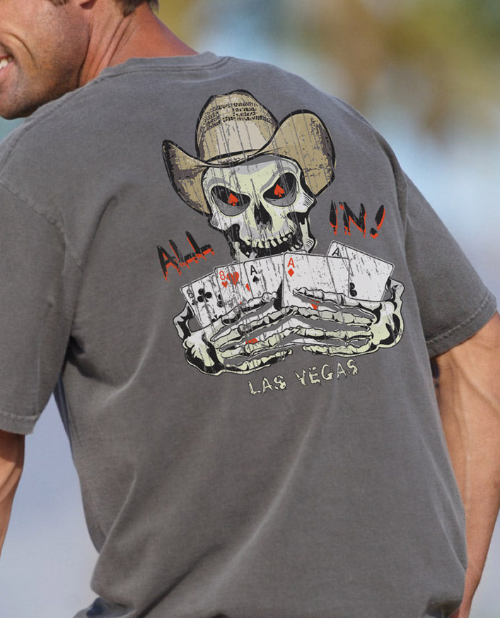 Gray t-shirt with a skull and cards design on the back, featuring a cowboy hat and Las Vegas theme. View 2