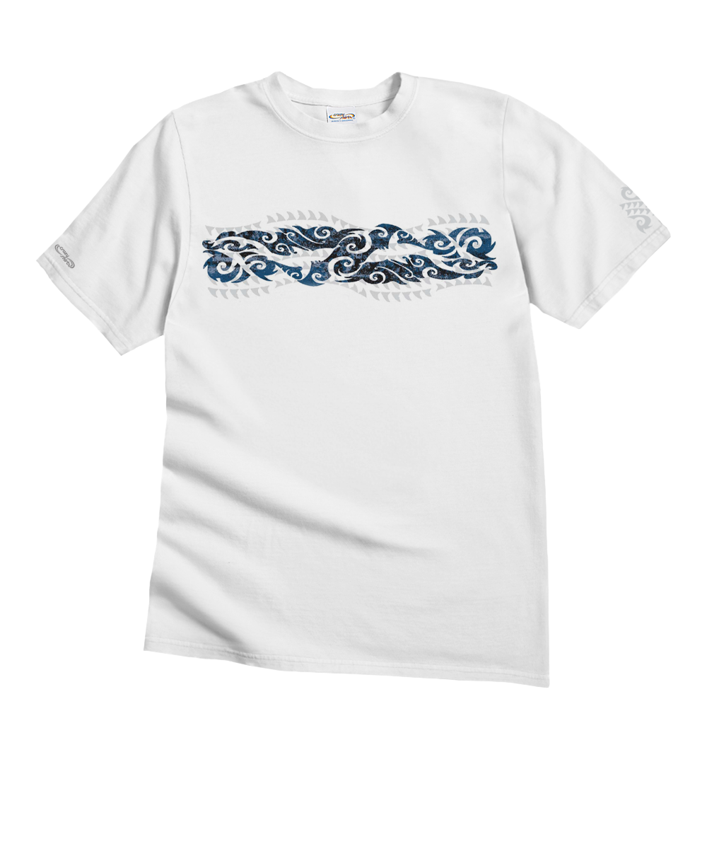White t-shirt with blue graphic design on a white background View 1