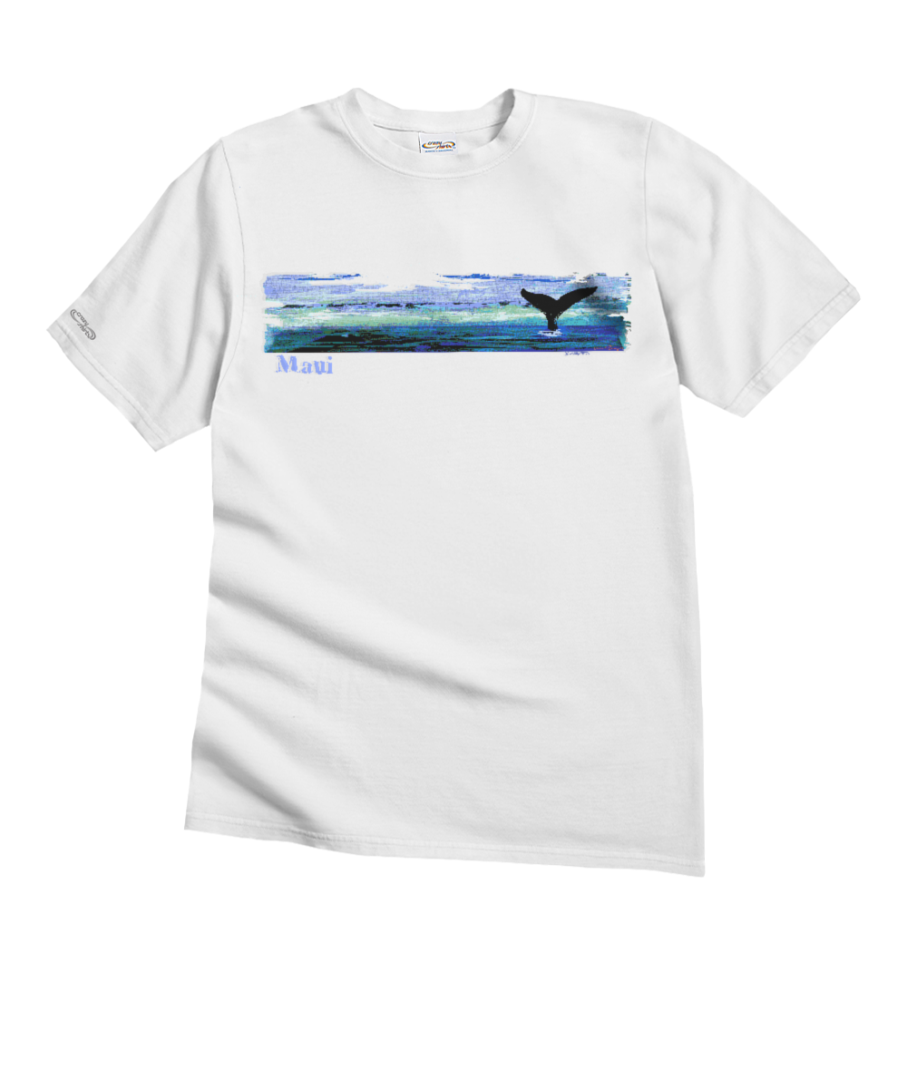 White t-shirt with a graphic of a whale and watercolor design on a white background