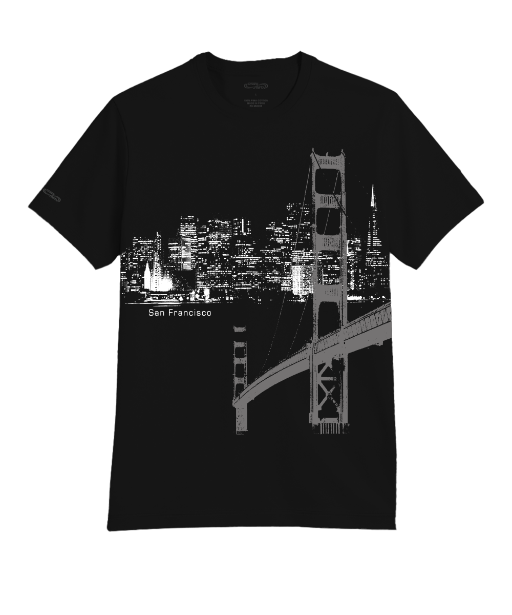 Black t-shirt with a graphic of San Francisco skyline and Golden Gate Bridge. View 1