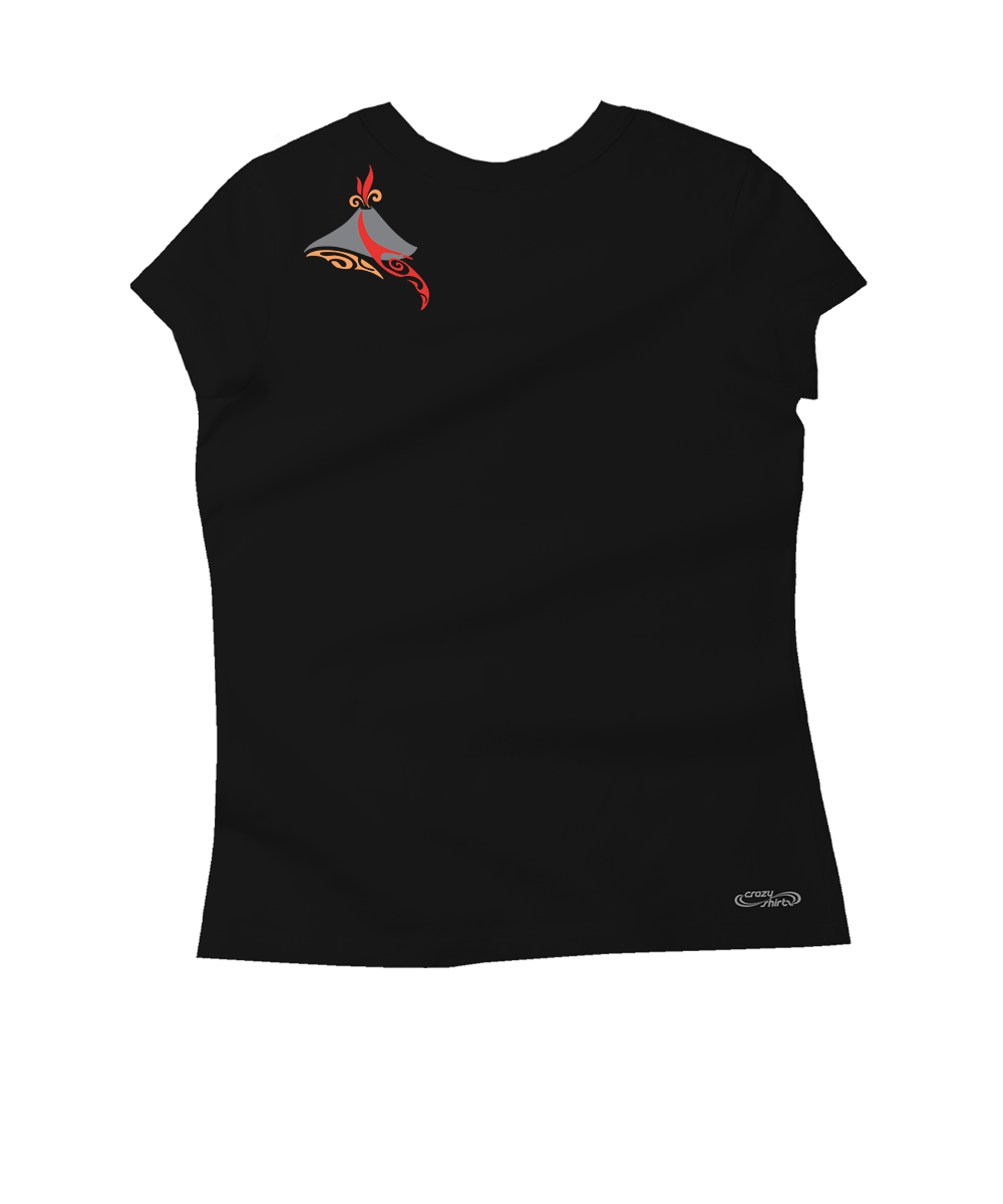 Black t-shirt with a red and gray graphic on a white background View 4