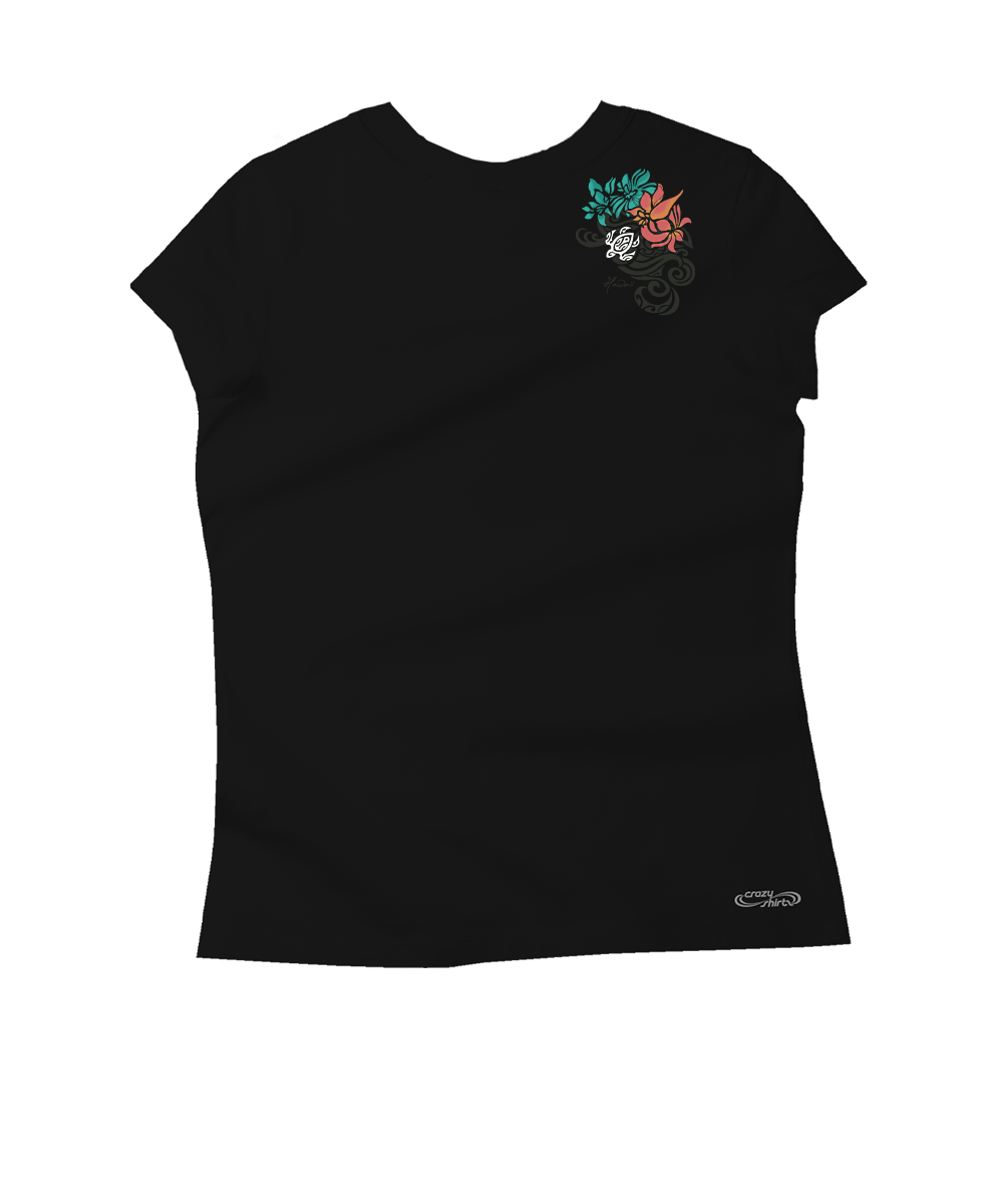 Black t-shirt with colorful graphic on white background View 4