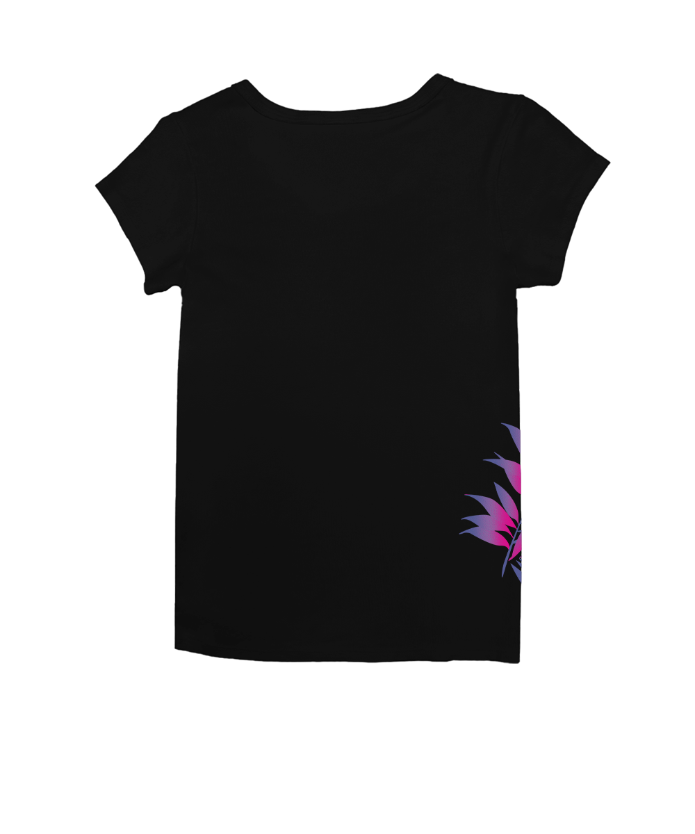 Black t-shirt with colorful design on a white background View 4