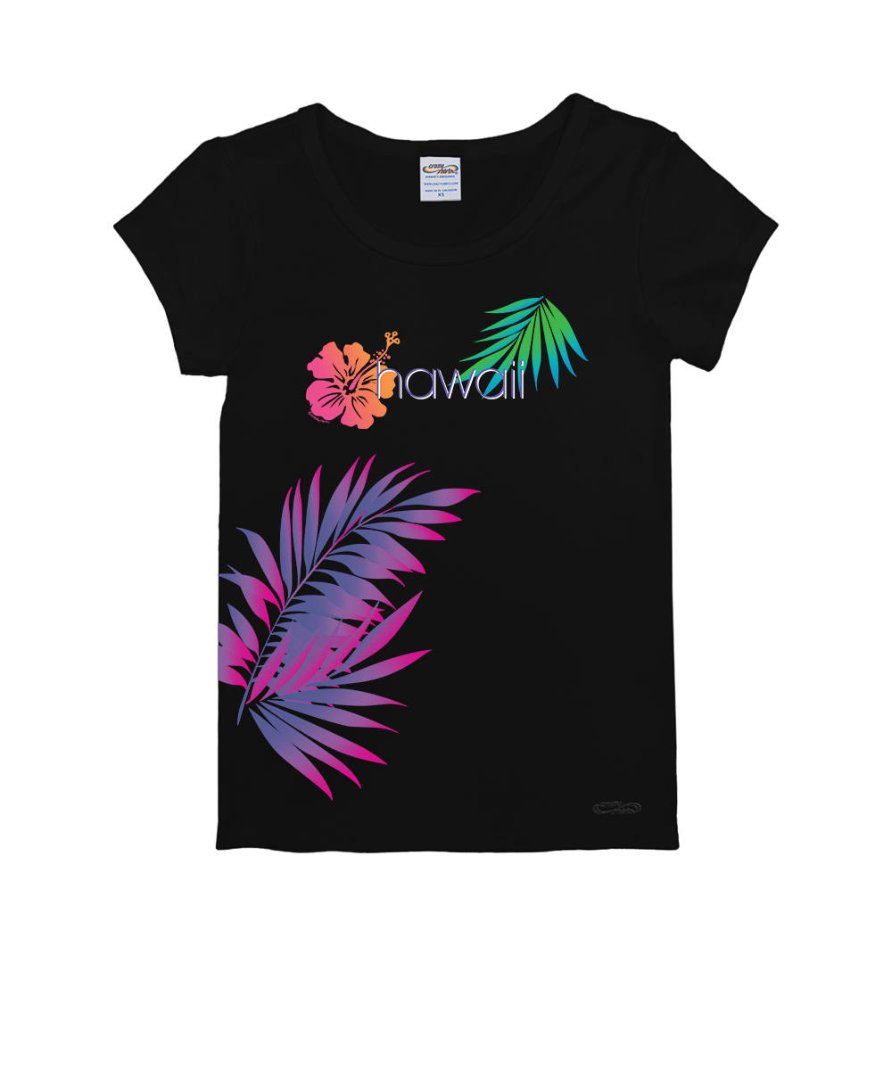 Black t-shirt with colorful 'Hawaii' design on a white background View 1