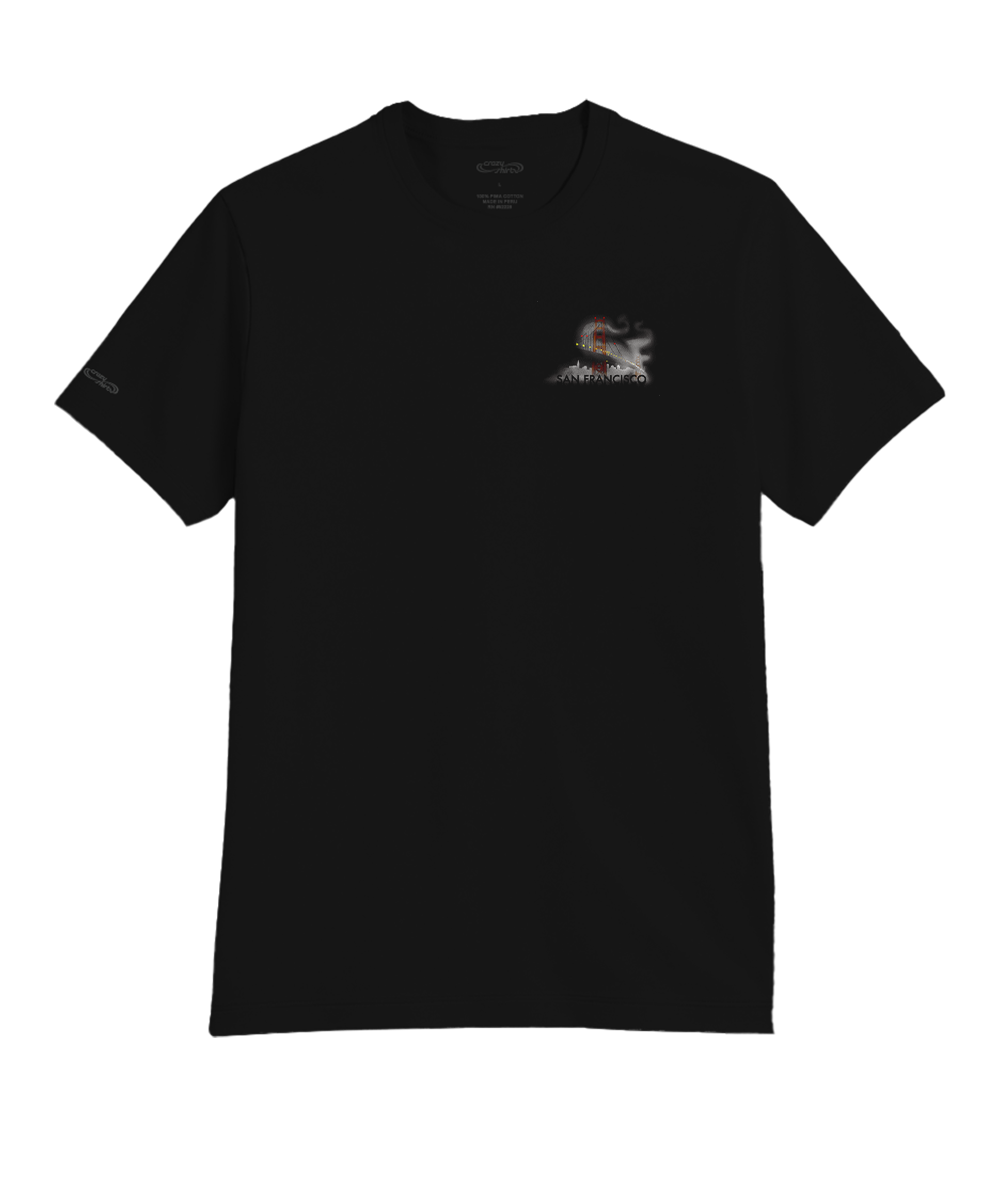 Black t-shirt with a small embroidered design on a white background View 4