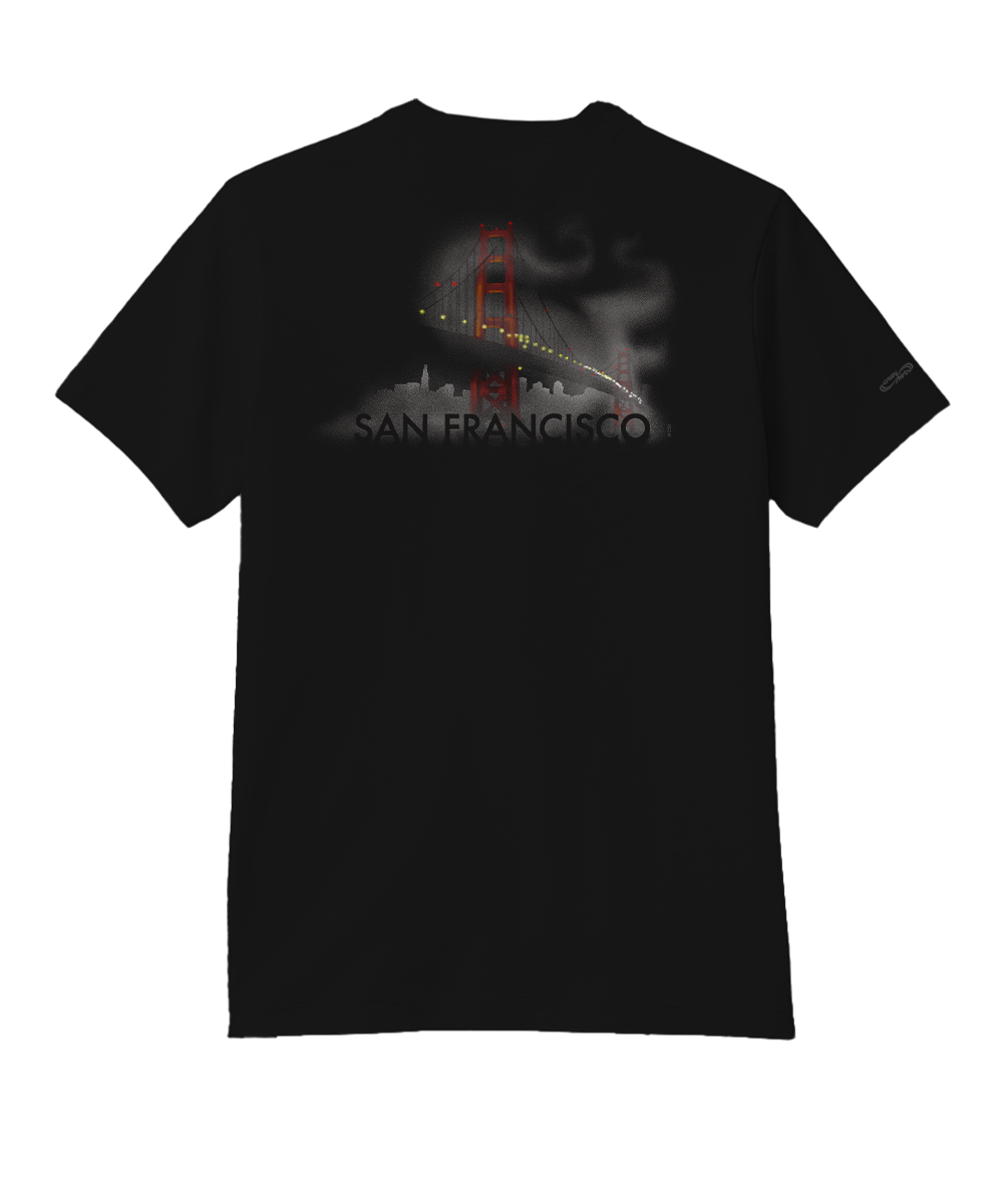 Black t-shirt with a graphic design of the Golden Gate Bridge and 'San Francisco' text on the back. View 1
