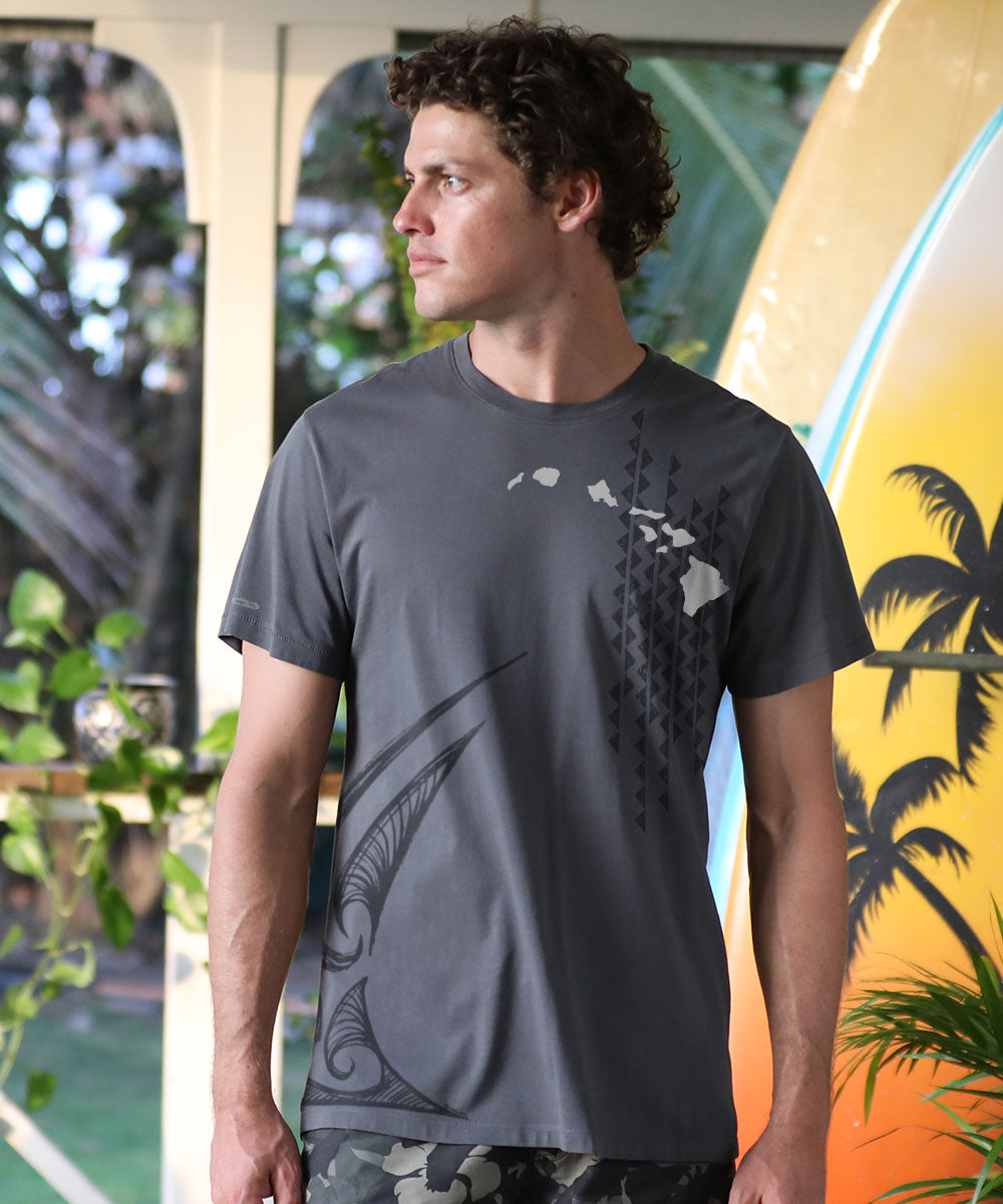 A man wearing a gray short sleeve Pima t-shirt with a graphic design, standing in a location with a surfboard and palm trees in the background. View 2