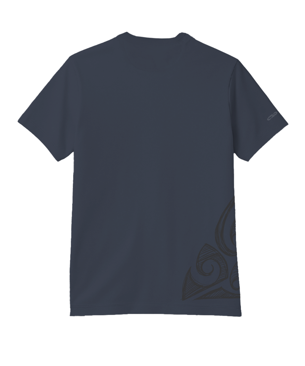 Dark blue t-shirt with a design on the back against a white background View 4