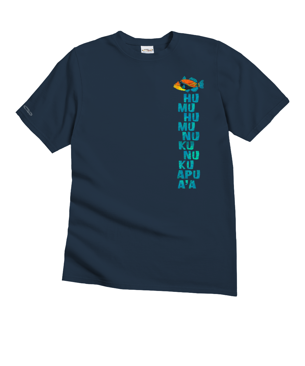 Navy blue t-shirt with colorful text and graphics on a white background View 4