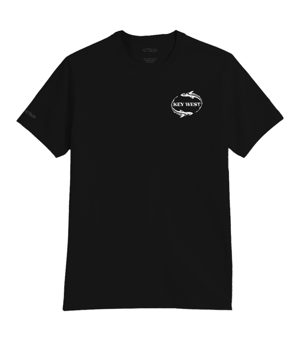 Black t-shirt with white logo on a white background View 4
