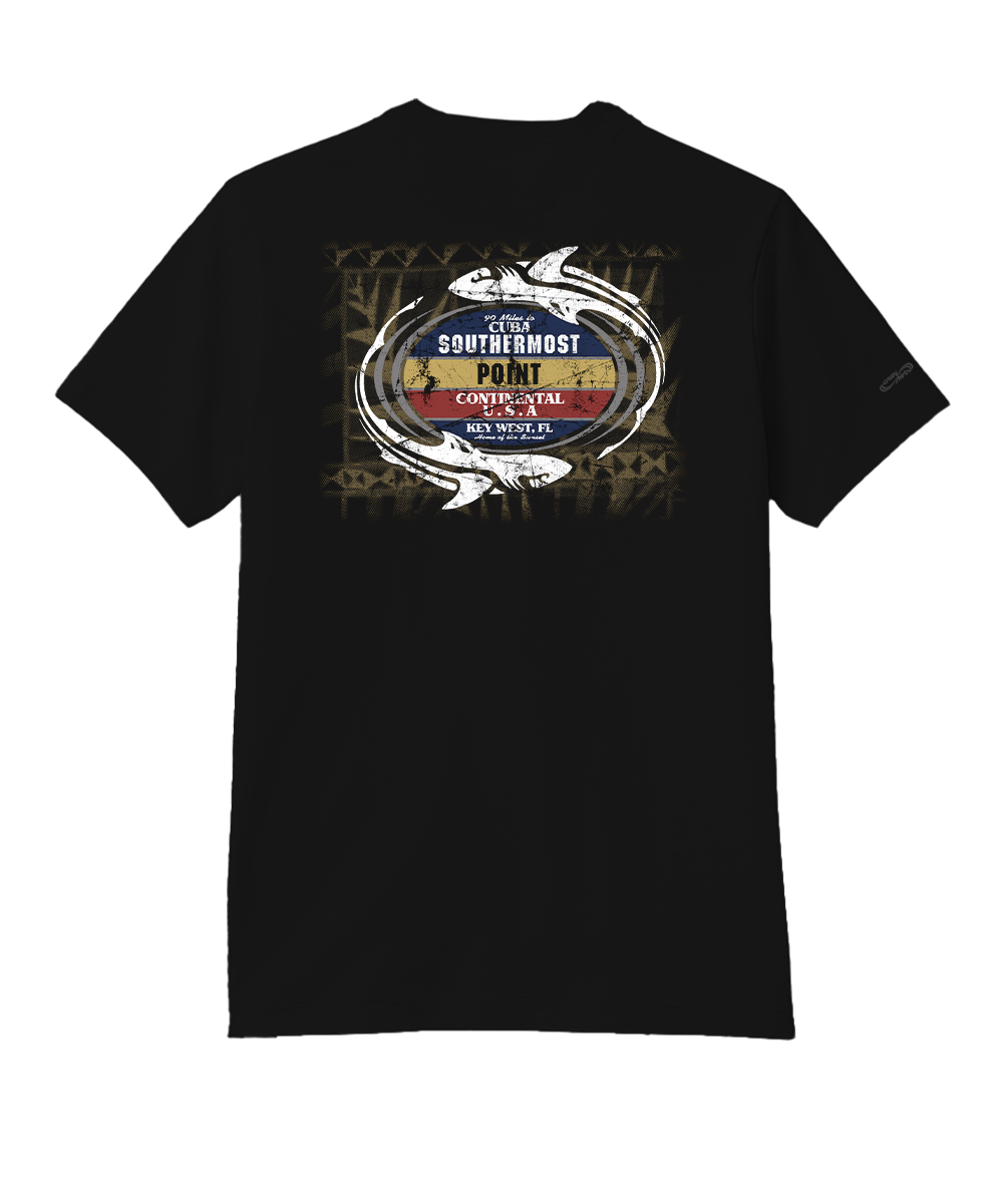Black t-shirt with a graphic design on the back, featuring text and a fish illustration. View 1