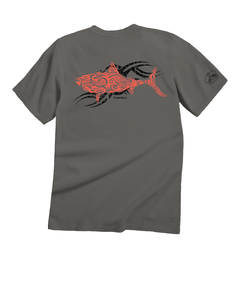 Gray t-shirt with a red and black fish design on the back against a white background View 1