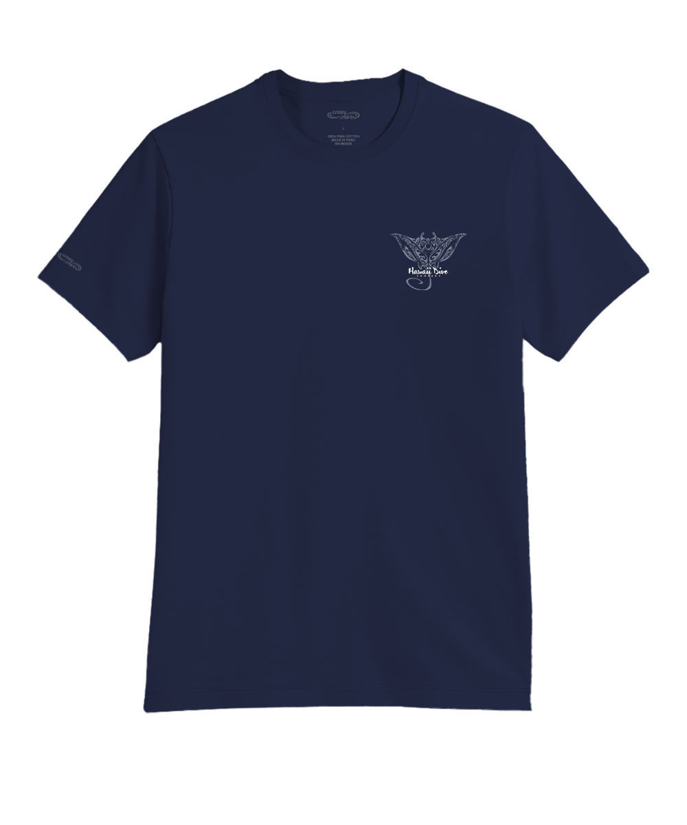 Navy blue t-shirt with a small logo on a white background View 4