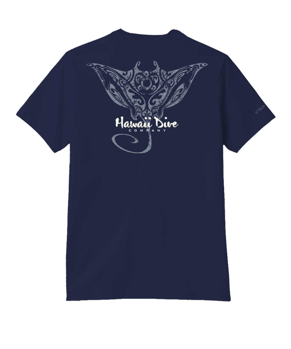 Navy blue t-shirt with Hawaii Dive Company logo on the back against a white background View 1