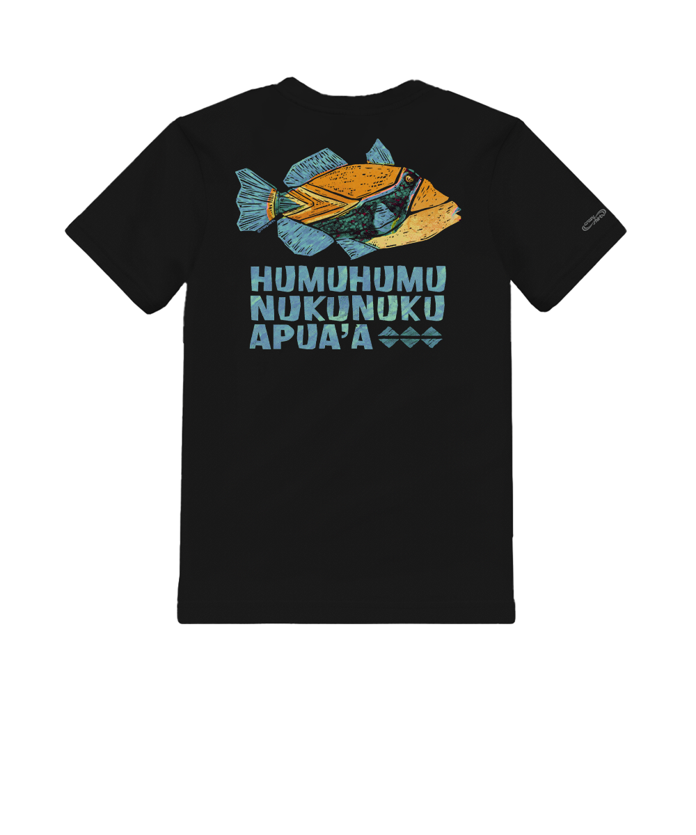Black t-shirt with a fish graphic and text on the back, displayed against a white background. View 1