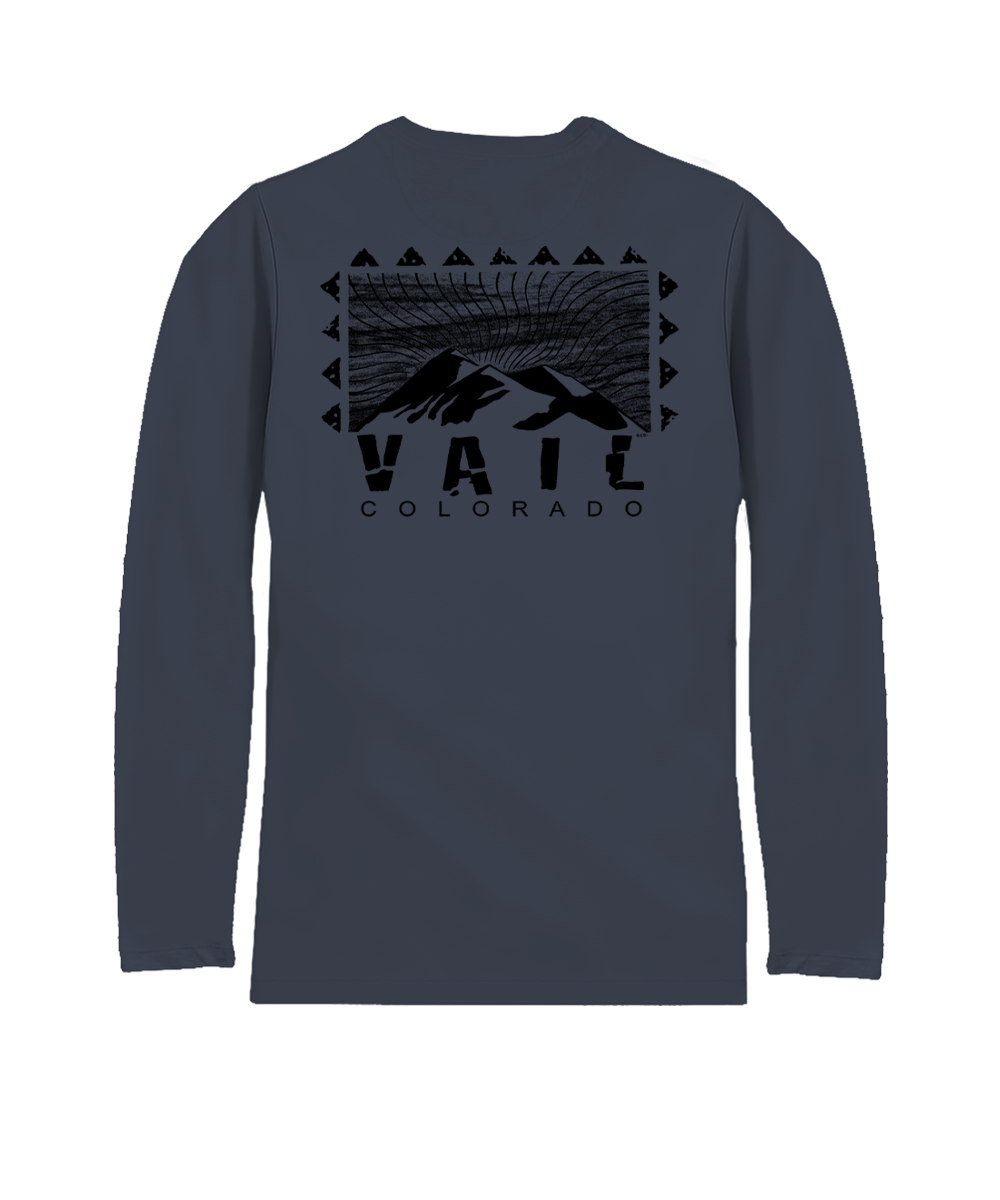 Navy long-sleeve shirt with mountain graphic and 'Vail Colorado' text on a white background View 1