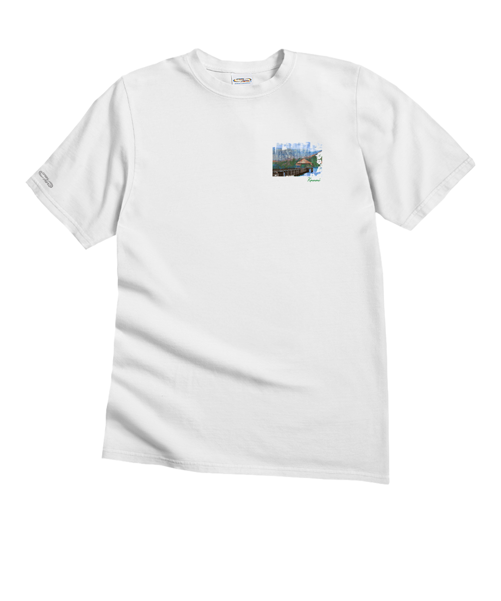 White t-shirt with a small graphic on the chest against a white background View 4