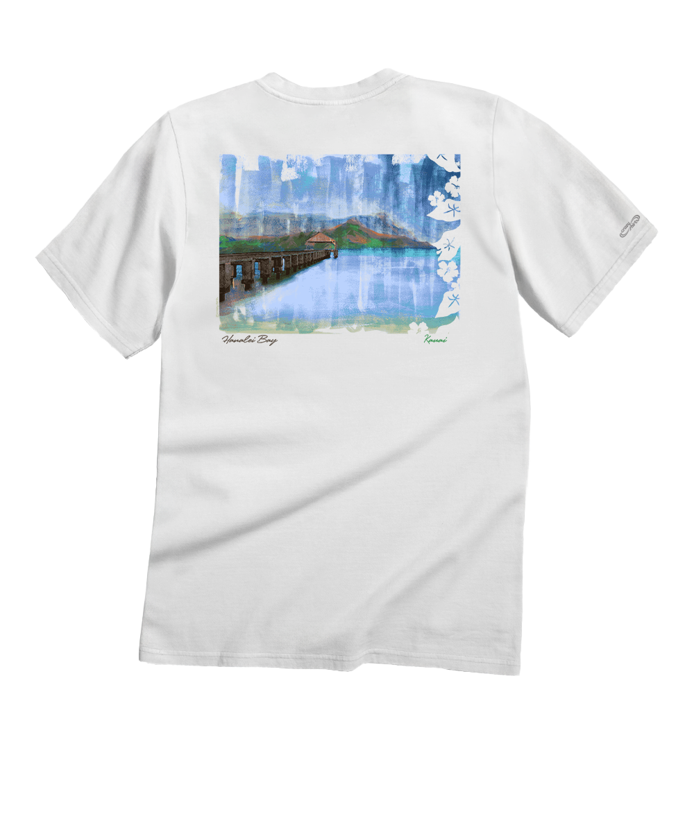 White t-shirt with a scenic graphic on the back against a white background View 1