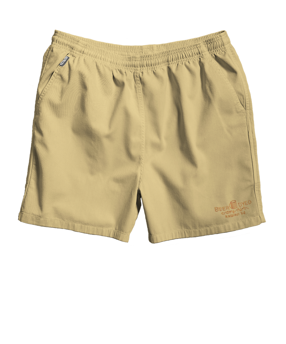 Beige shorts with a brand logo on a white background View 11