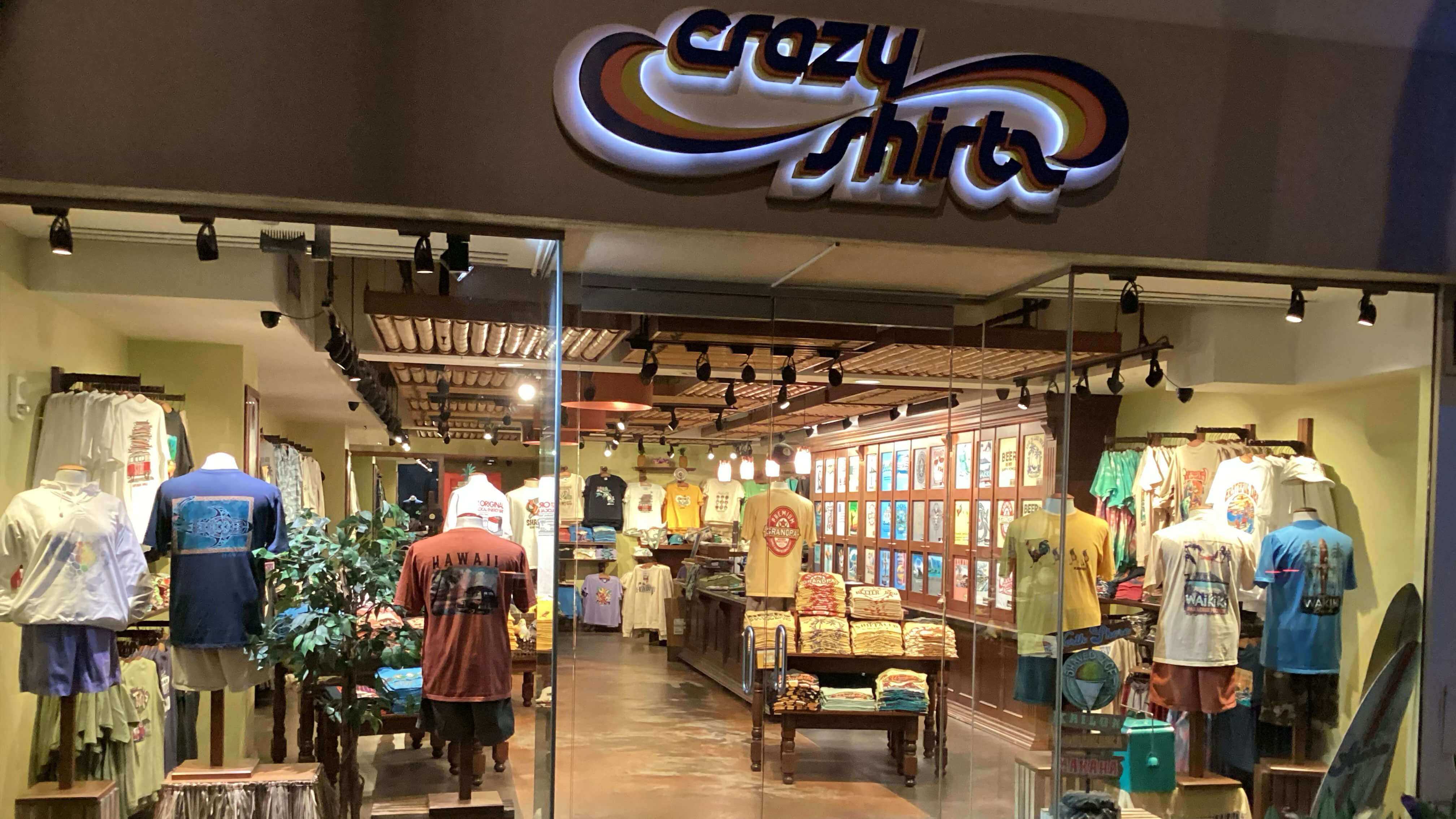 Hyatt Storefront of 'crazy shirts' with various clothing items on display.