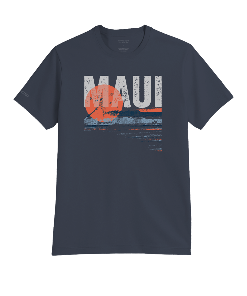 Navy t-shirt with 'MAUI' graphic design on a white background View 1