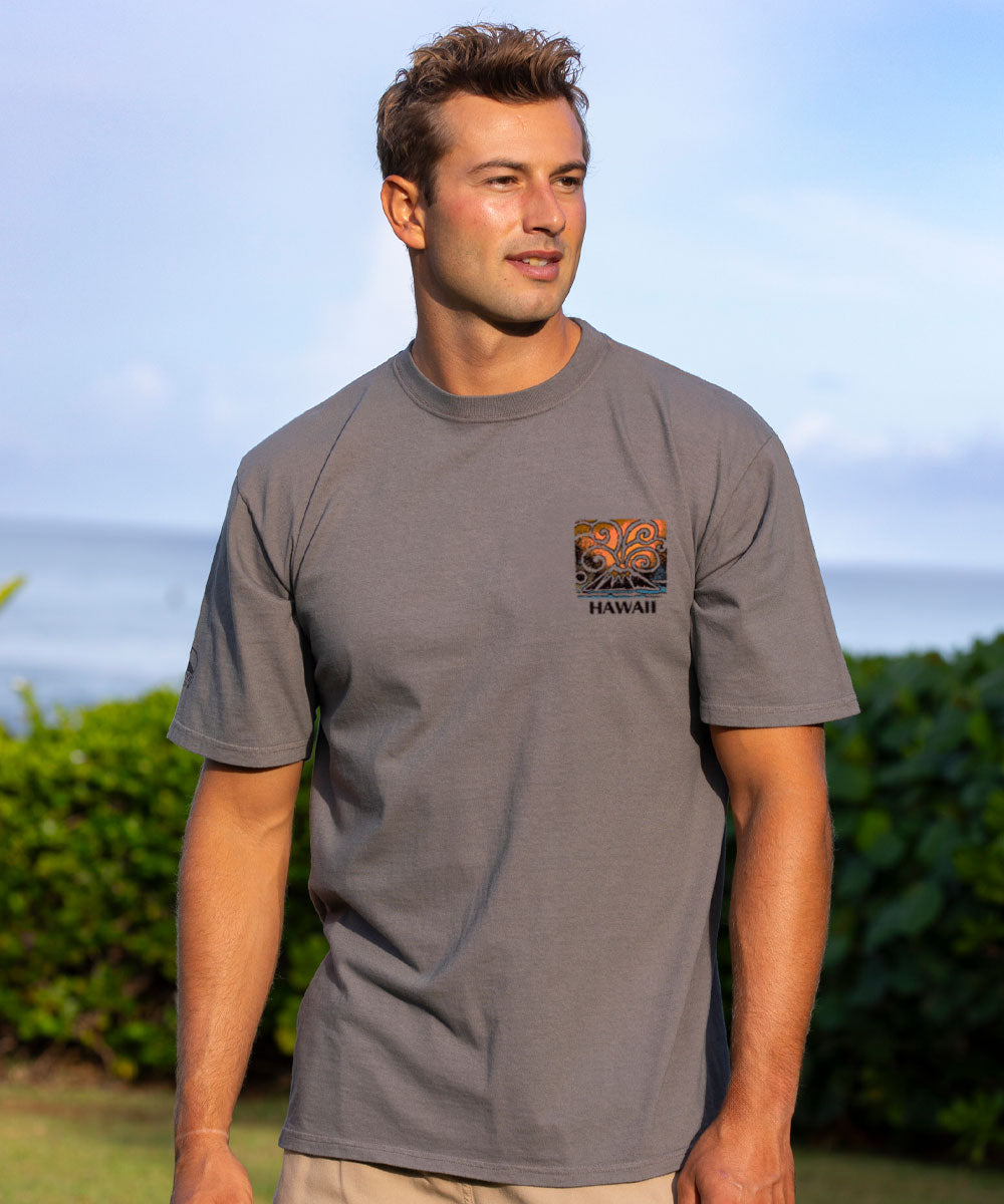 Man wearing a gray t-shirt with a logo and 'Hawaii' text outdoors. View 3