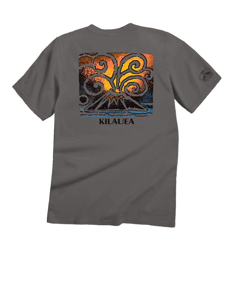 Gray t-shirt with a colorful design and 'Kilauea' text on the back against a white background View 1