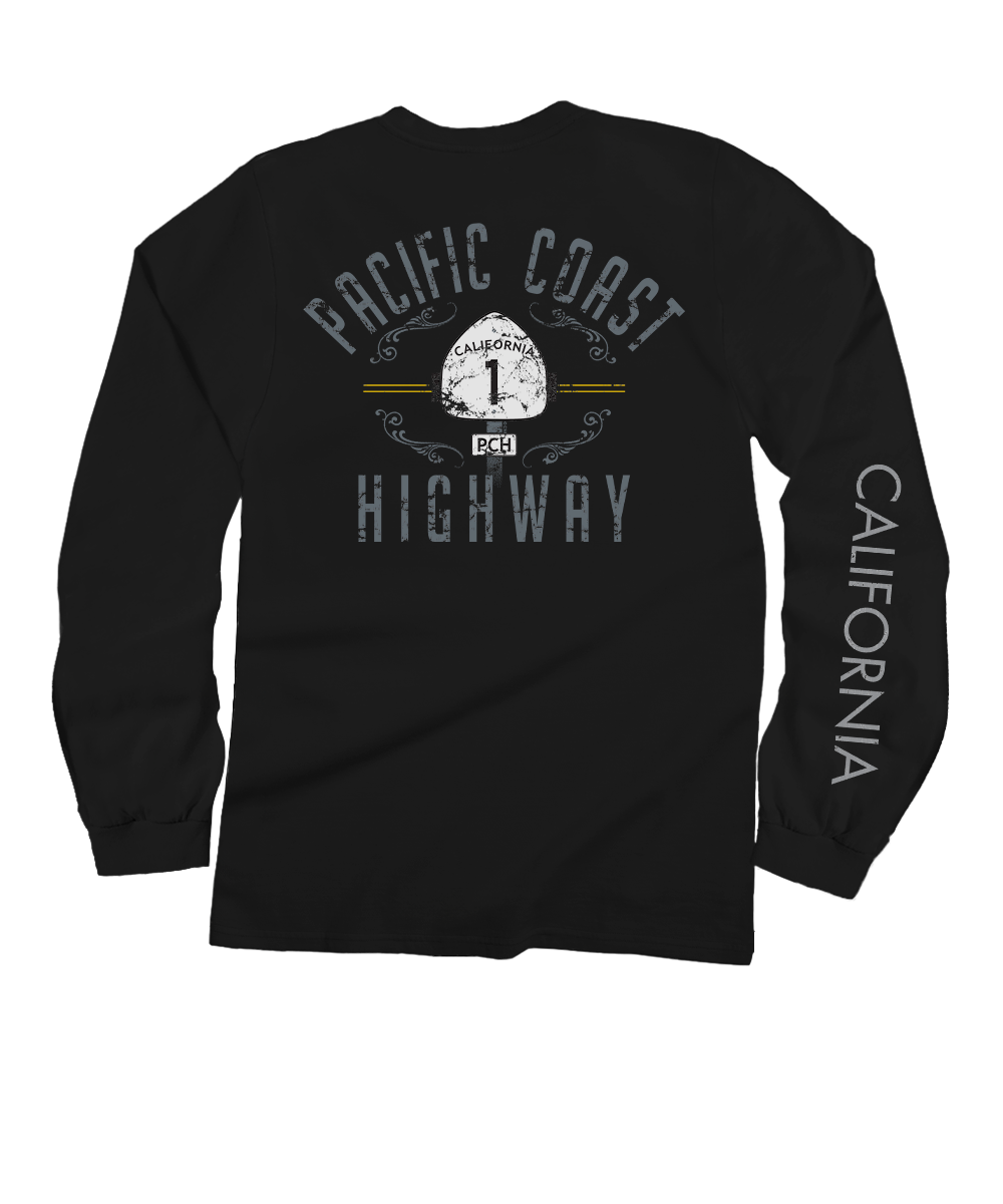 Black long-sleeve shirt with 'Pacific Coast Highway' and 'California' text on a white background View 1