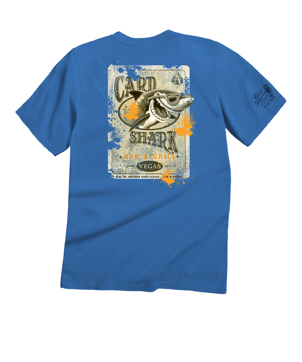 Blue t-shirt with a shark graphic and text on the back, on a white background View 1