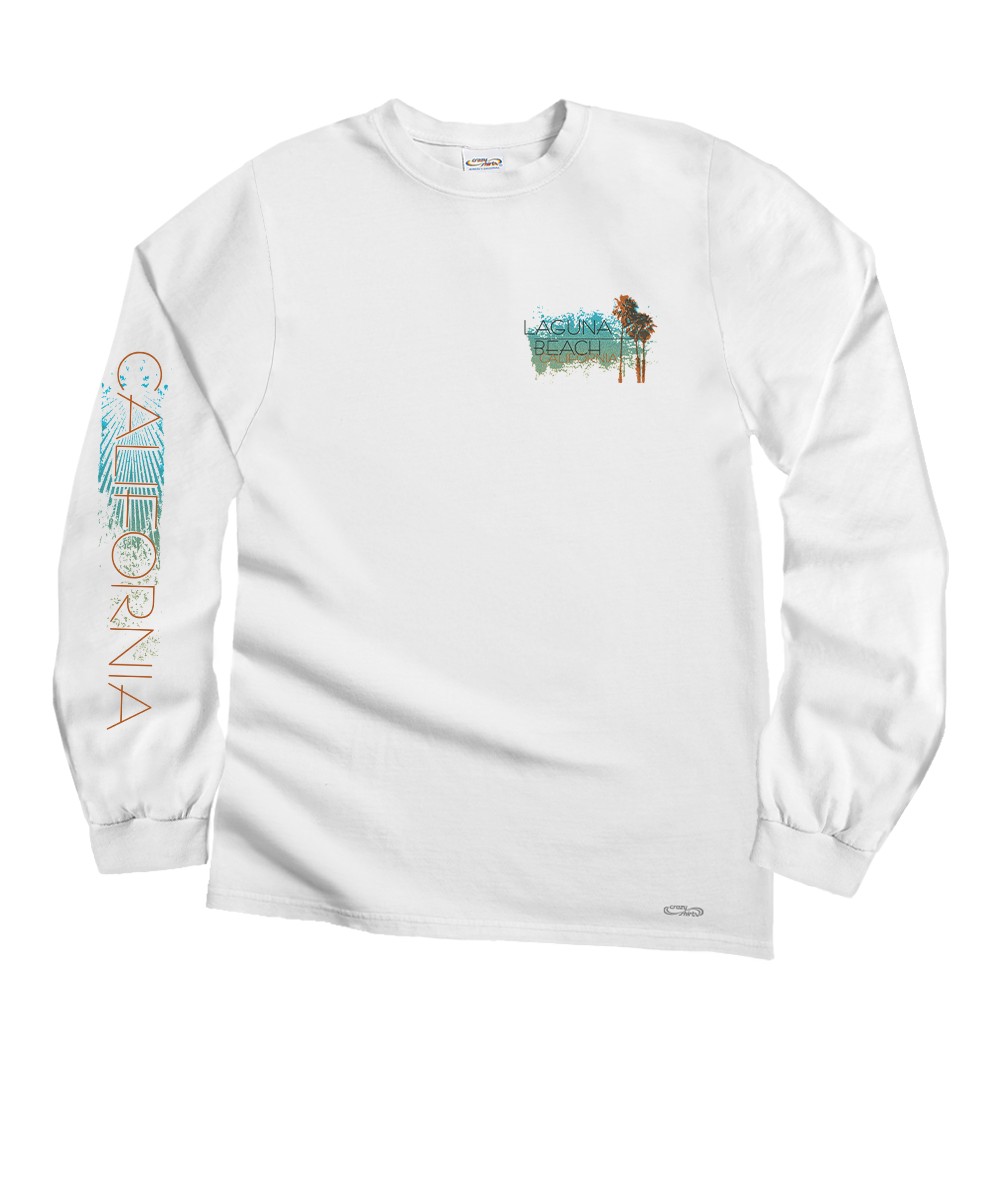 White long-sleeve shirt with a graphic design on the sleeve and front, on a white background. View 4