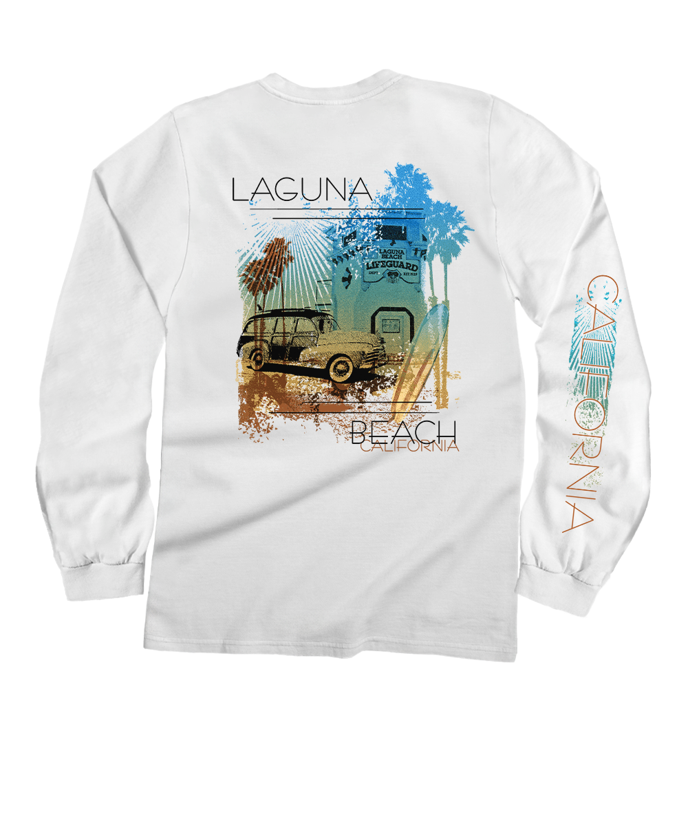 White long-sleeve shirt with a vintage car and palm tree design on the back, featuring 'Laguna Beach, California' text. View 1