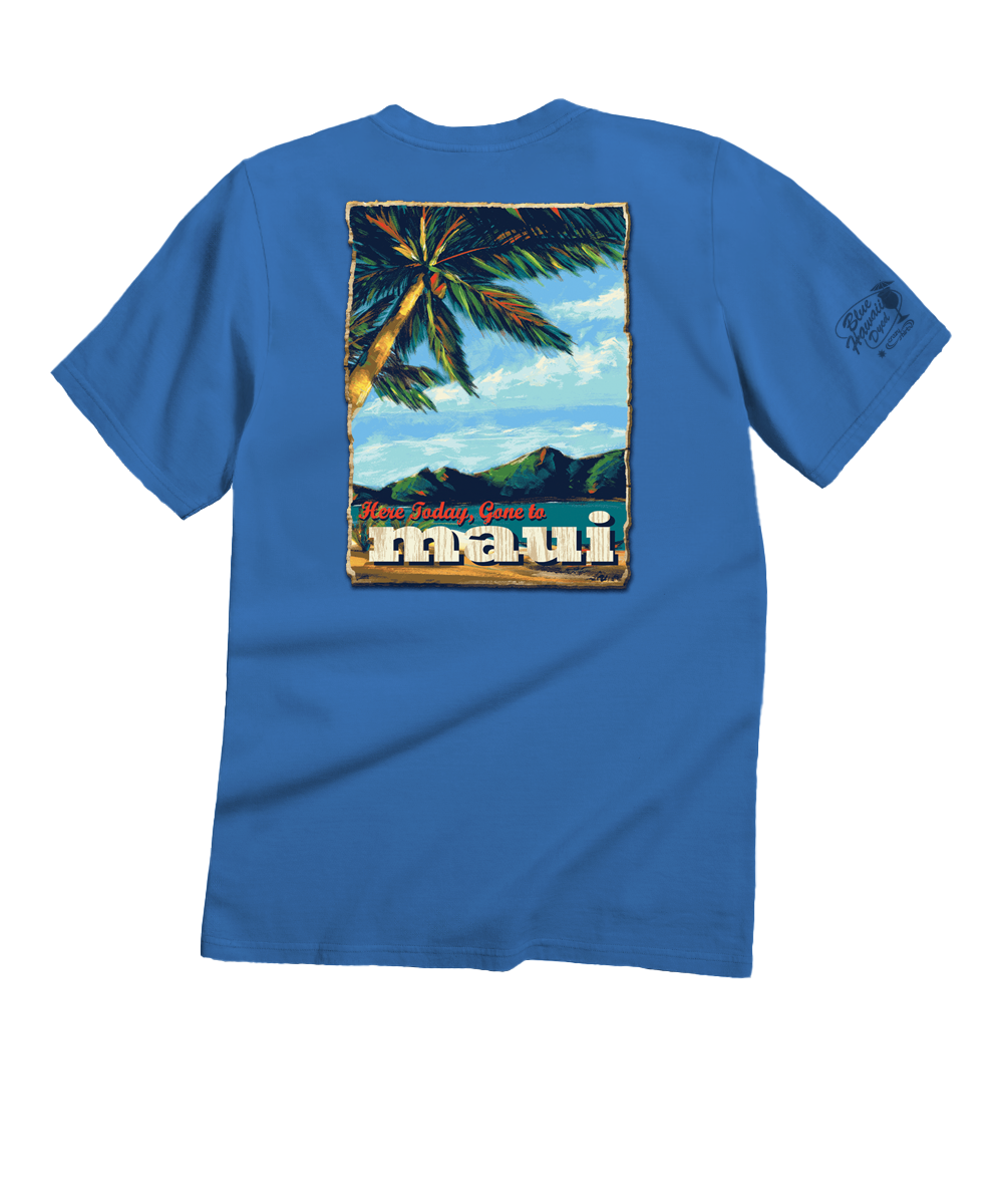 Blue t-shirt with a tropical graphic and 'Maui' text on a white background