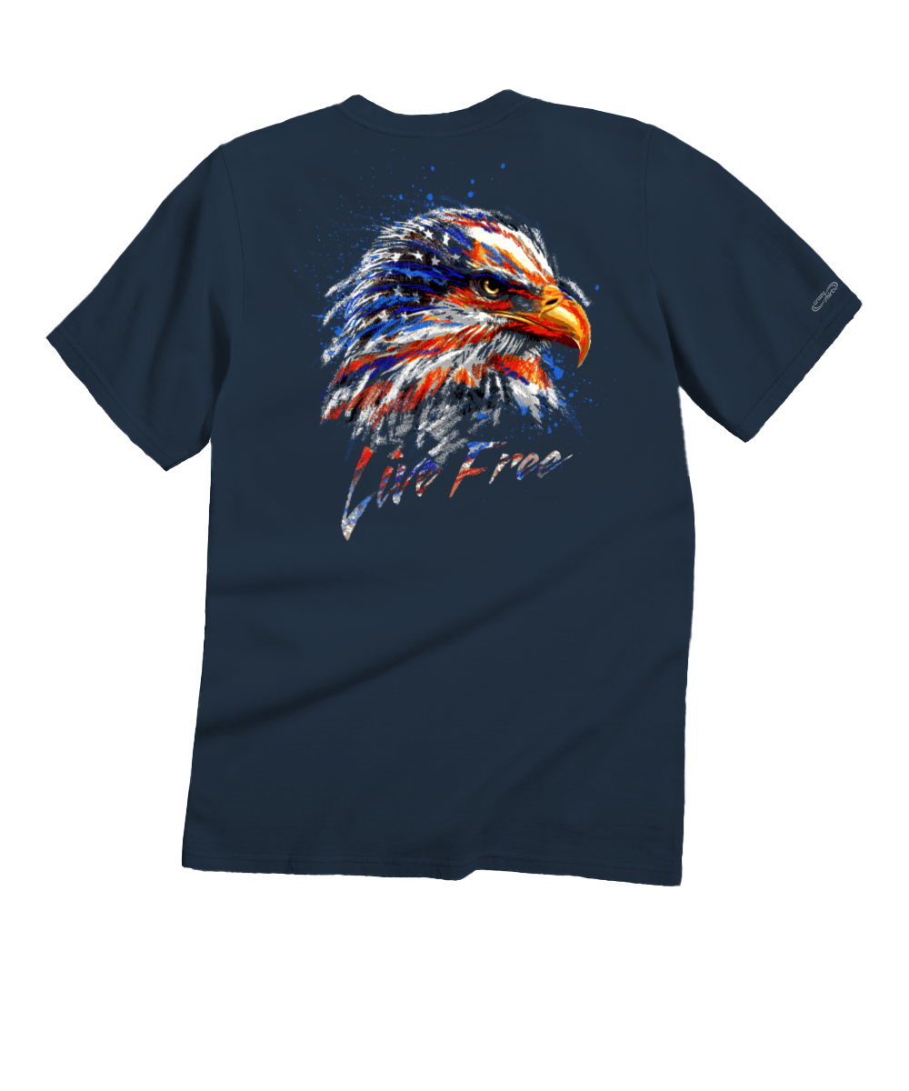 Navy blue t-shirt with a colorful eagle design and 'Live Free' text on a white background View 1