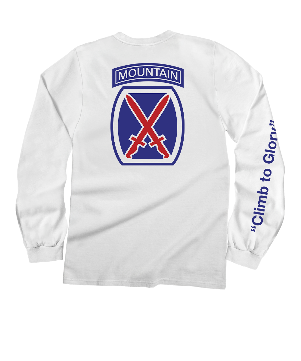 White long-sleeve shirt with military emblem and text on a white background